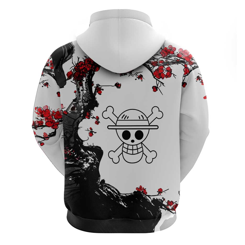 Luffy Gear 3 One Piece Anime White and Red Japanese Art Style Zip Hoodie with Cherry Blossom Tree and Straw Hat Pirates Jolly Roger - The Mazicc
