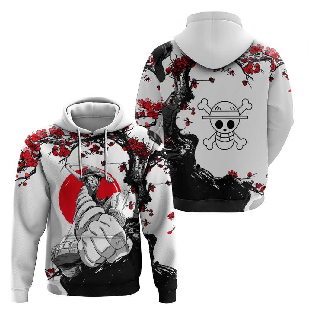 Luffy Gear 3 One Piece Anime White and Red Japanese Art Style Zip Hoodie with Cherry Blossom Tree and Straw Hat Pirates Jolly Roger - The Mazicc