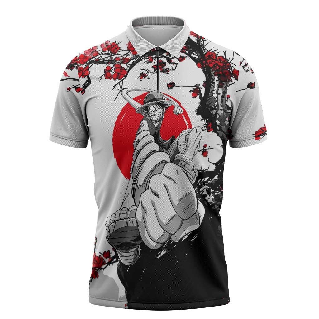 Luffy Gear 3 One Piece Anime White and Red Japanese Art Style Zipper Polo Shirt with Cherry Blossom Tree and Straw Hat Pirates Jolly Roger - The Mazicc