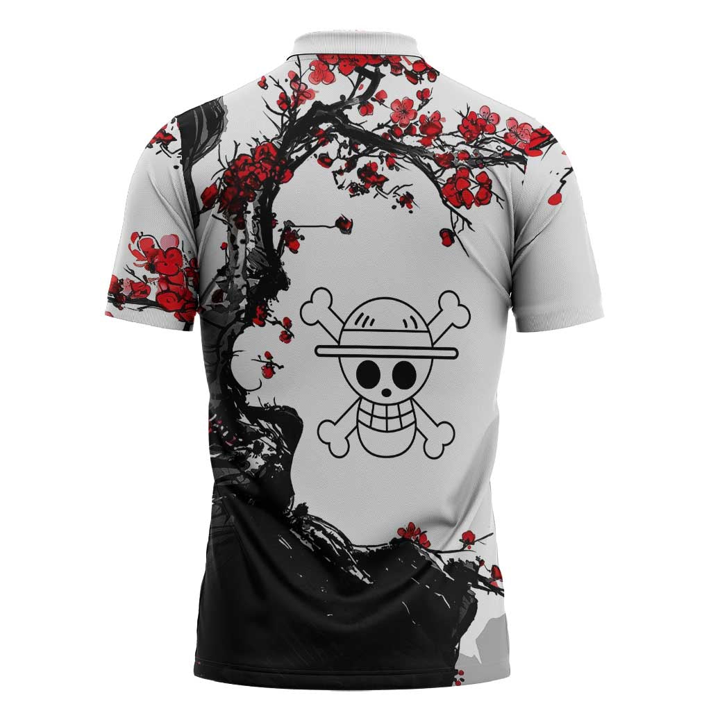 Luffy Gear 3 One Piece Anime White and Red Japanese Art Style Zipper Polo Shirt with Cherry Blossom Tree and Straw Hat Pirates Jolly Roger - The Mazicc