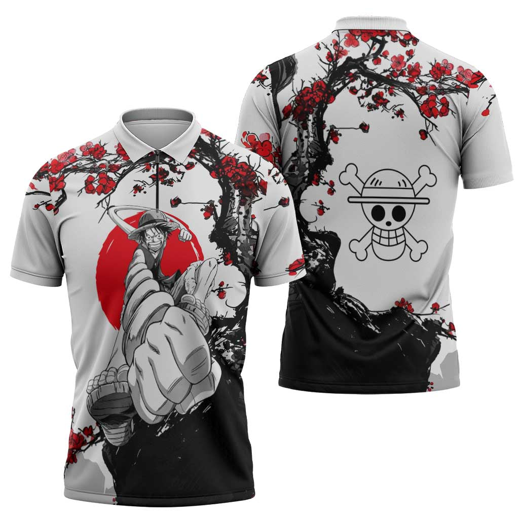 Luffy Gear 3 One Piece Anime White and Red Japanese Art Style Zipper Polo Shirt with Cherry Blossom Tree and Straw Hat Pirates Jolly Roger - The Mazicc