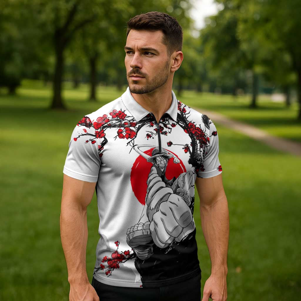 Luffy Gear 3 One Piece Anime White and Red Japanese Art Style Zipper Polo Shirt with Cherry Blossom Tree and Straw Hat Pirates Jolly Roger - The Mazicc