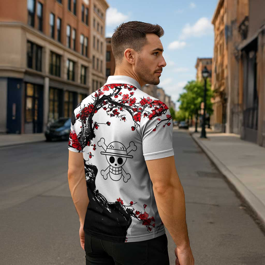 Luffy Gear 3 One Piece Anime White and Red Japanese Art Style Zipper Polo Shirt with Cherry Blossom Tree and Straw Hat Pirates Jolly Roger - The Mazicc