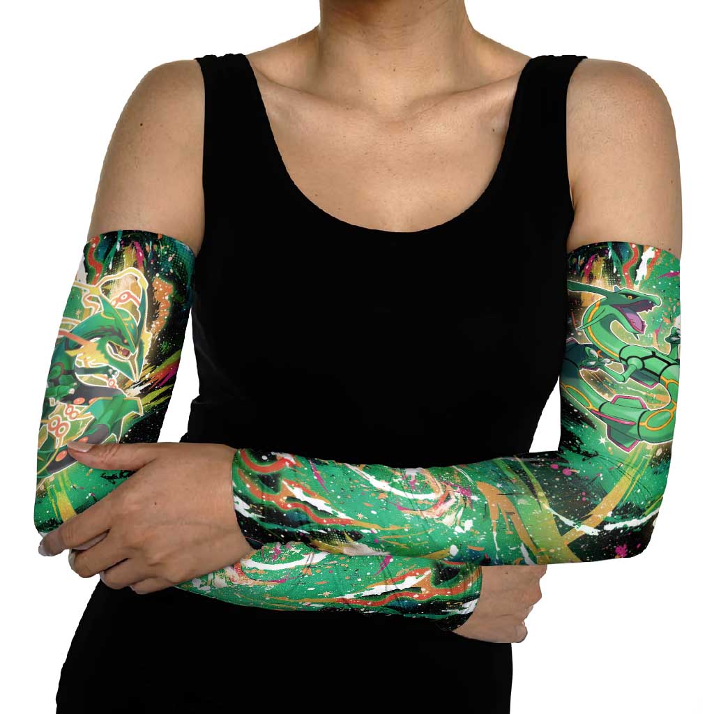 Rayquaza Poké Green Abstract Galaxy Design Arm Sleeves Dynamic Swirl Background - The Mazicc