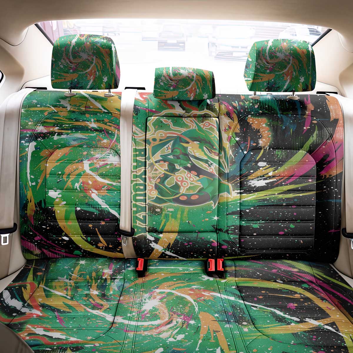 Rayquaza Poké Green Abstract Galaxy Design Back Car Seat Cover Dynamic Swirl Background - The Mazicc