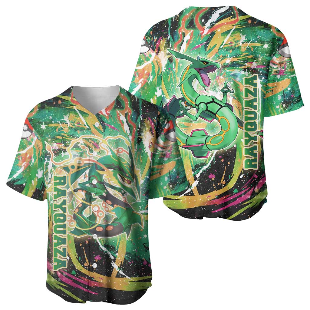 Rayquaza Poké Green Abstract Galaxy Design Baseball Jersey Dynamic Swirl Background - The Mazicc