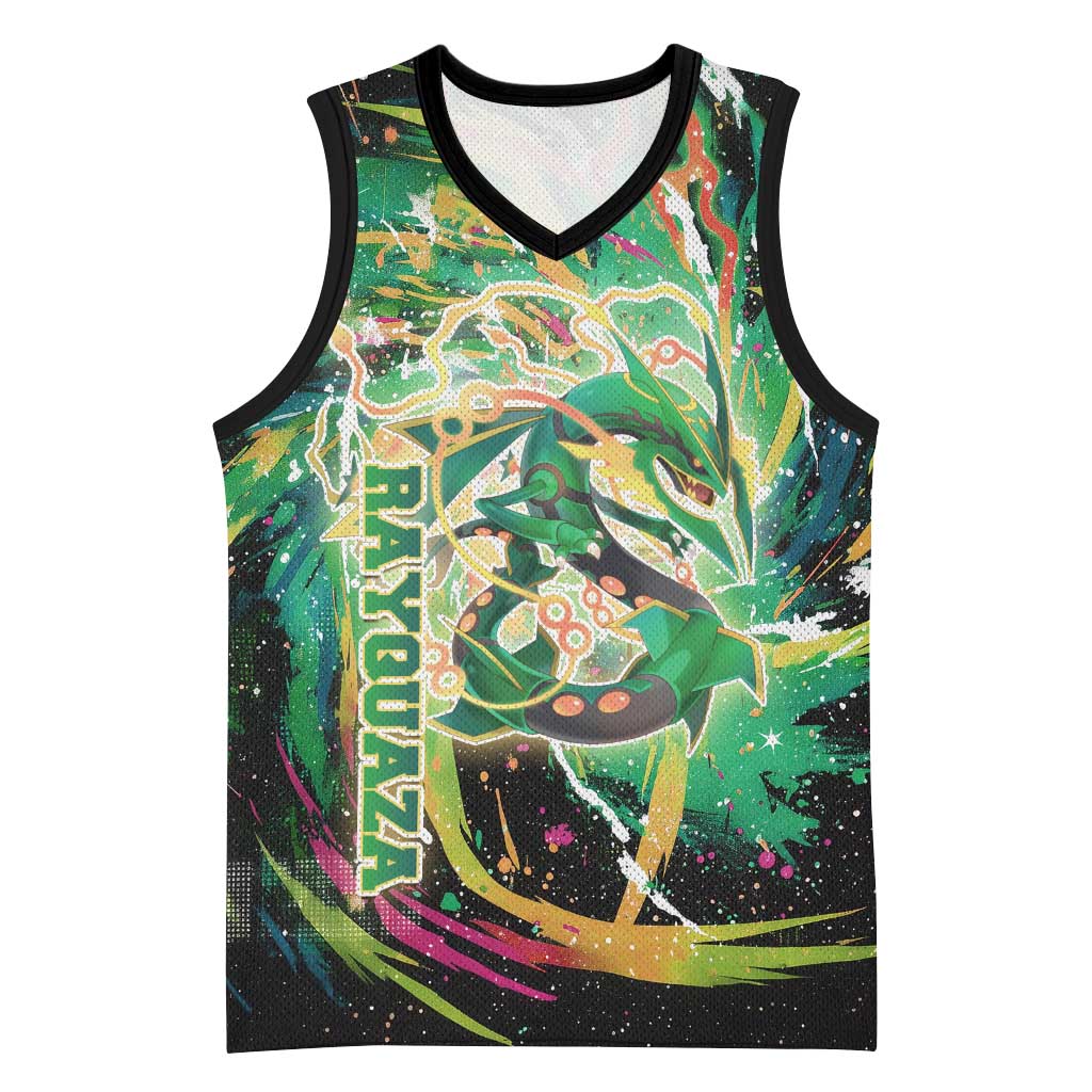 Rayquaza Poké Green Abstract Galaxy Design Basketball Jersey Dynamic Swirl Background - The Mazicc
