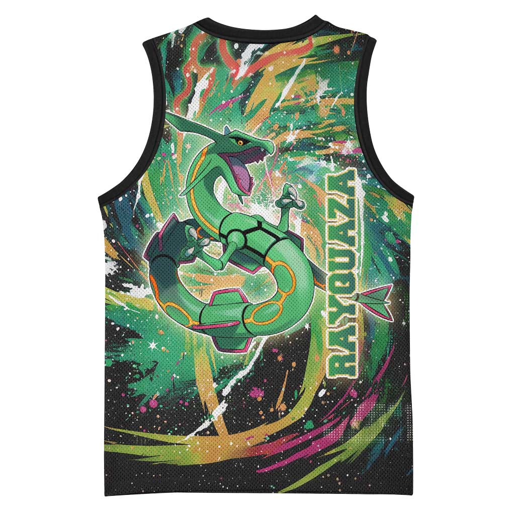 Rayquaza Poké Green Abstract Galaxy Design Basketball Jersey Dynamic Swirl Background - The Mazicc