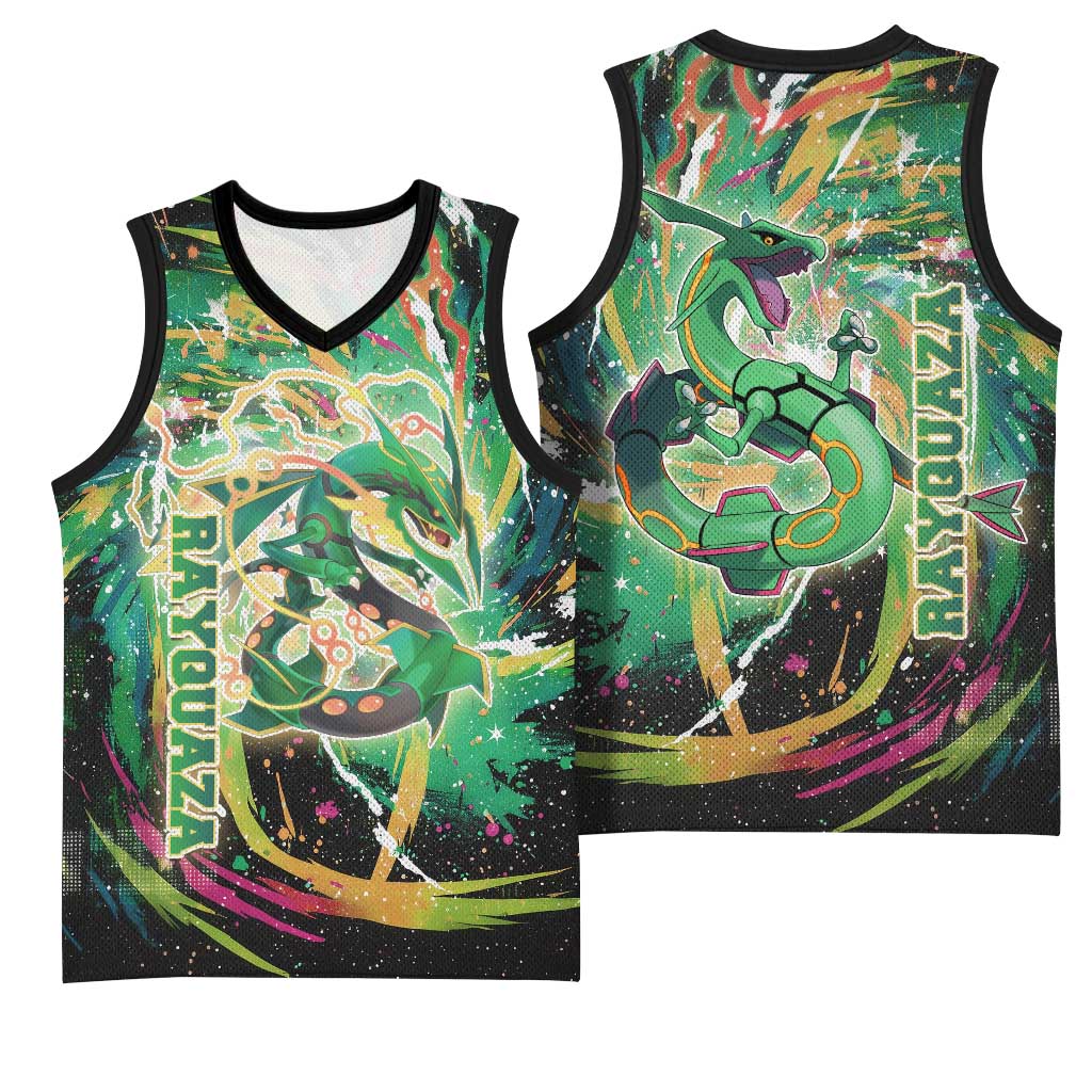 Rayquaza Poké Green Abstract Galaxy Design Basketball Jersey Dynamic Swirl Background - The Mazicc
