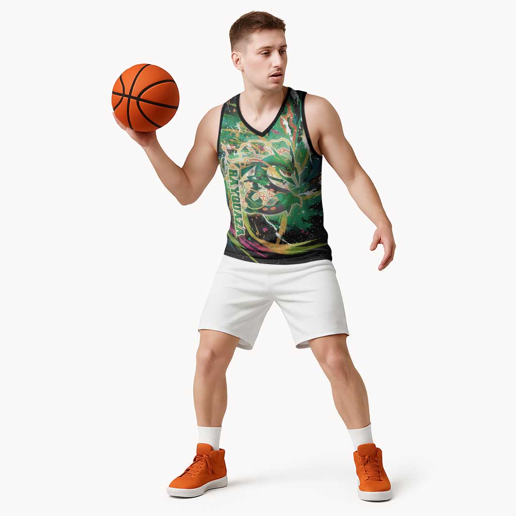 Rayquaza Poké Green Abstract Galaxy Design Basketball Jersey Dynamic Swirl Background - The Mazicc