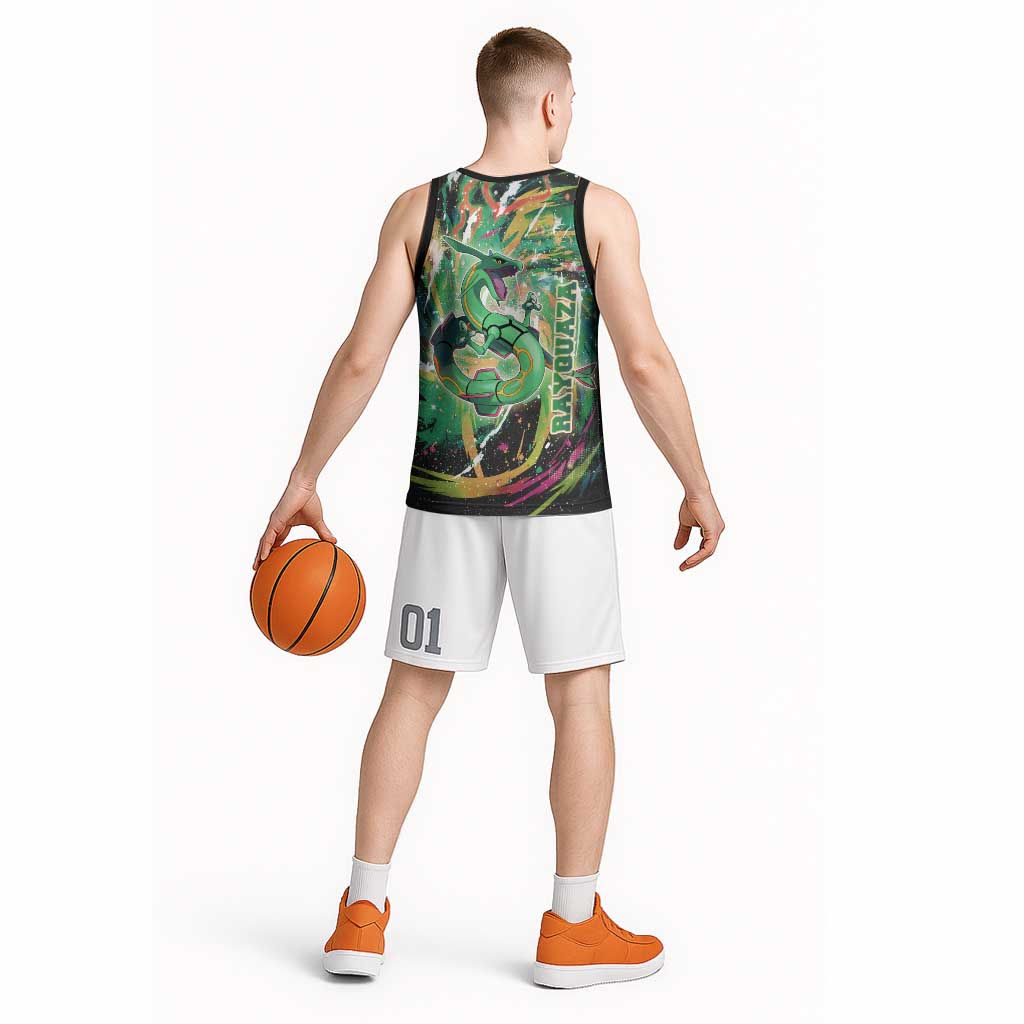 Rayquaza Poké Green Abstract Galaxy Design Basketball Jersey Dynamic Swirl Background - The Mazicc