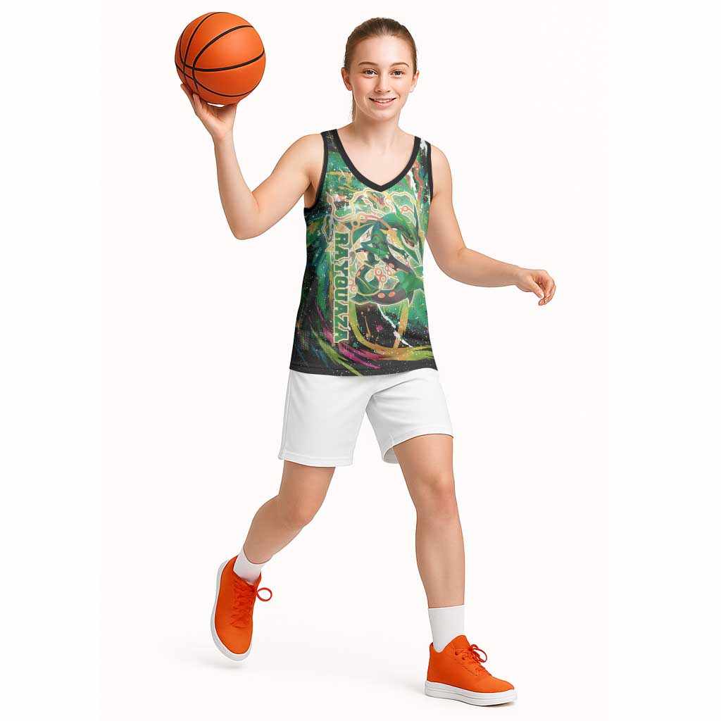 Rayquaza Poké Green Abstract Galaxy Design Basketball Jersey Dynamic Swirl Background - The Mazicc