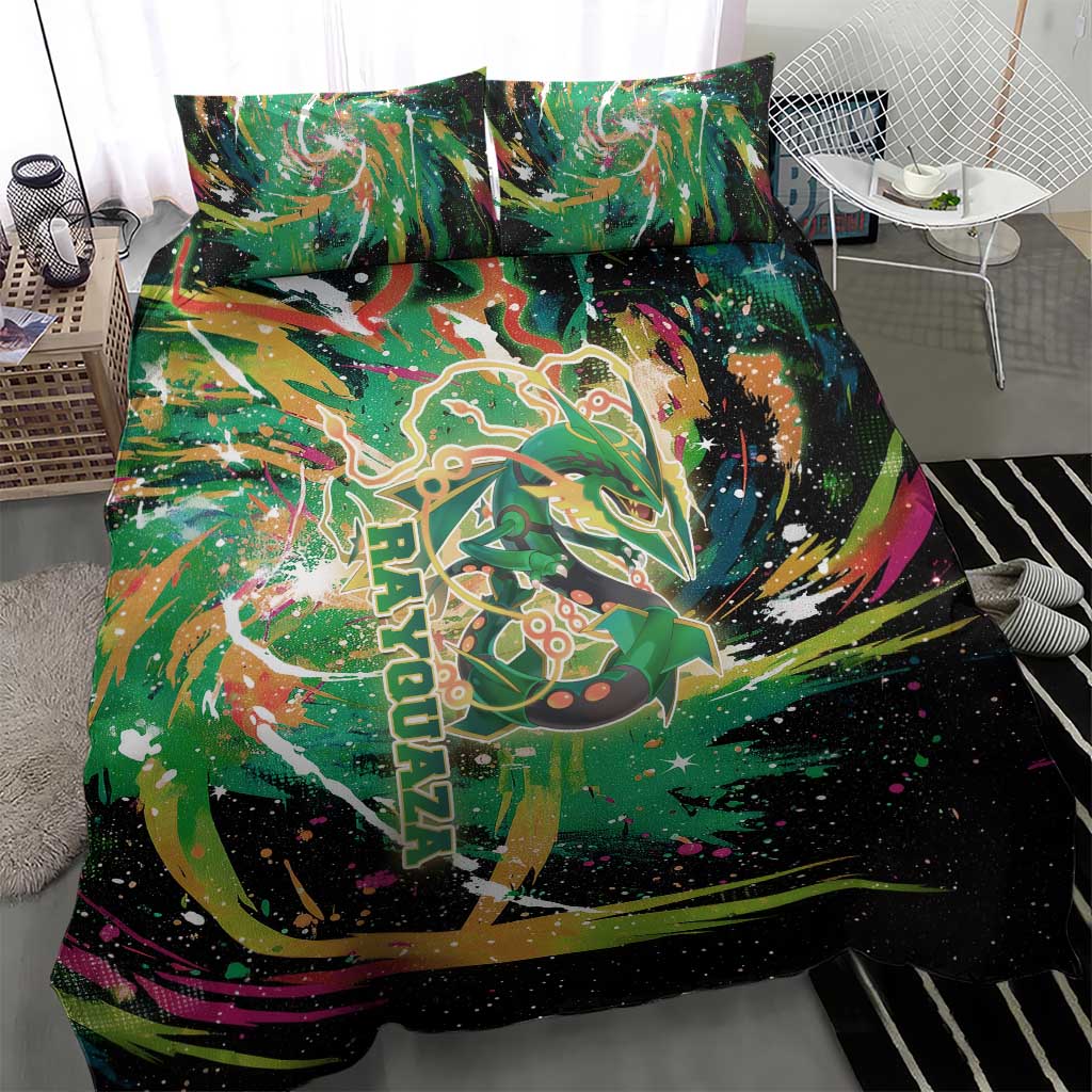 Rayquaza Poké Green Abstract Galaxy Design Bedding Set Dynamic Swirl Background - The Mazicc