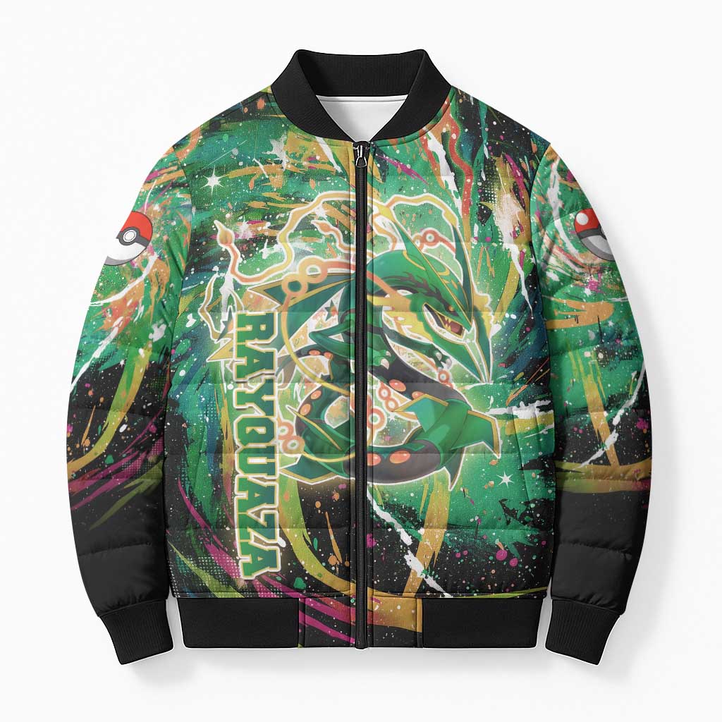 Rayquaza Poké Green Abstract Galaxy Design Bomber Puffer Jacket Dynamic Swirl Background - The Mazicc