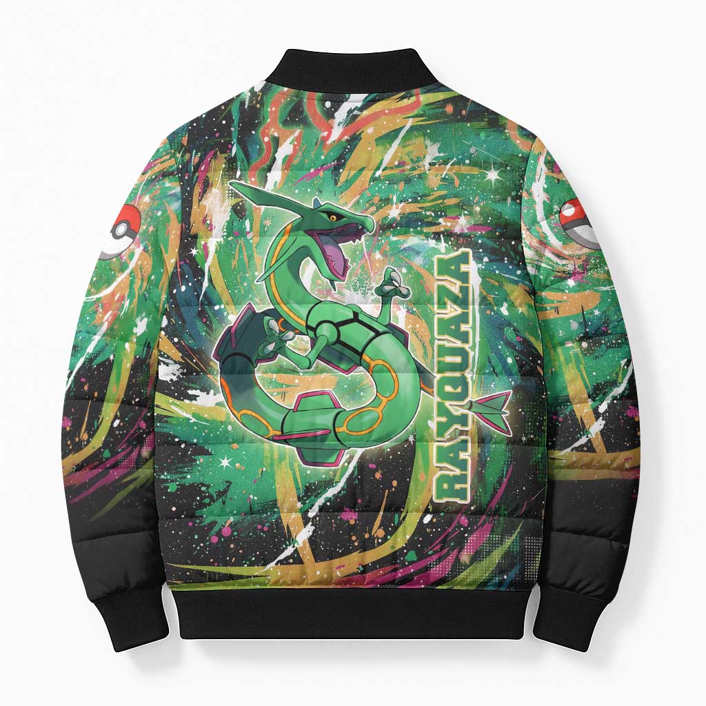 Rayquaza Poké Green Abstract Galaxy Design Bomber Puffer Jacket Dynamic Swirl Background - The Mazicc