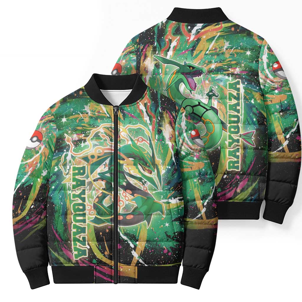 Rayquaza Poké Green Abstract Galaxy Design Bomber Puffer Jacket Dynamic Swirl Background - The Mazicc