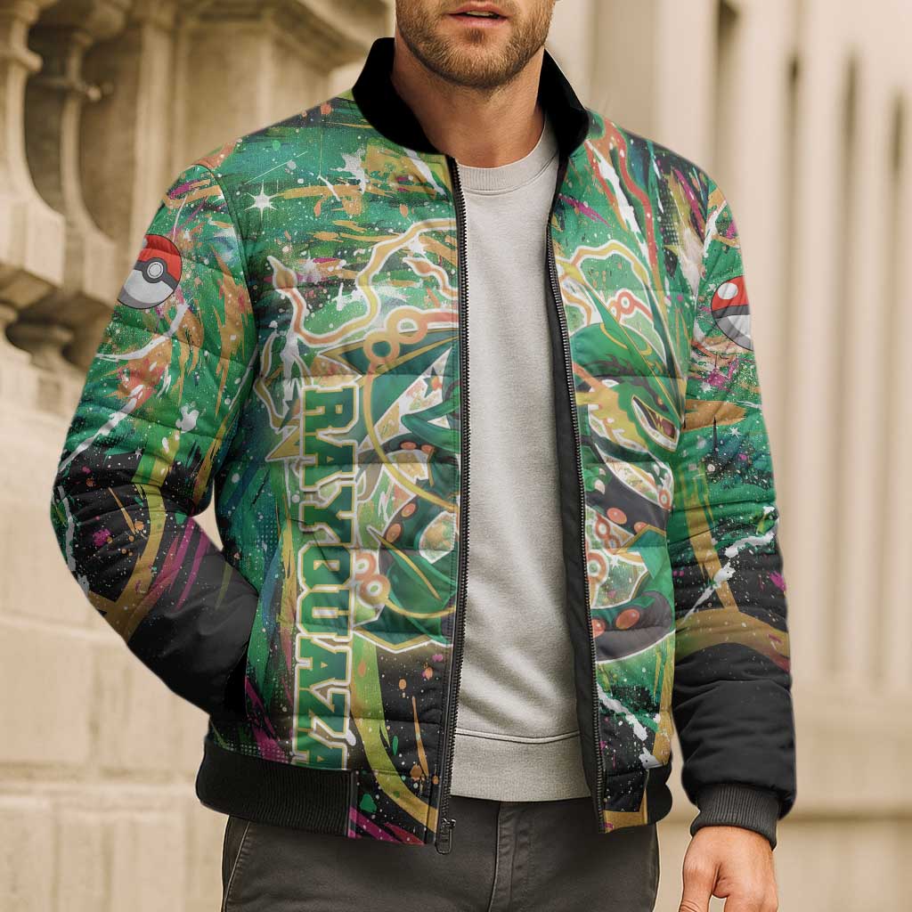 Rayquaza Poké Green Abstract Galaxy Design Bomber Puffer Jacket Dynamic Swirl Background - The Mazicc
