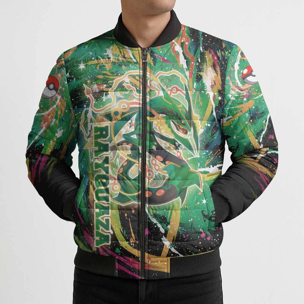 Rayquaza Poké Green Abstract Galaxy Design Bomber Puffer Jacket Dynamic Swirl Background - The Mazicc