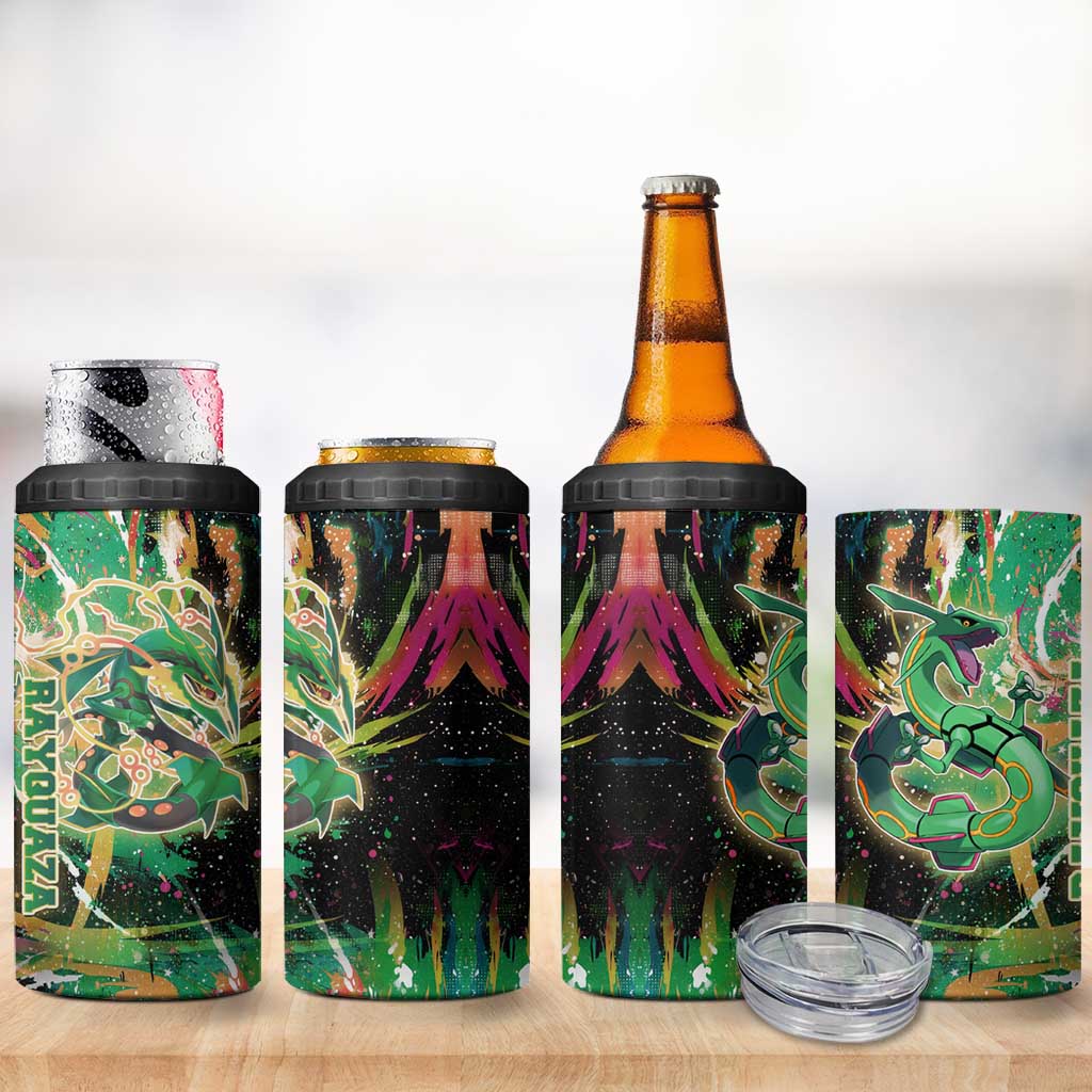 Rayquaza Poké Green Abstract Galaxy Design 4 in 1 Can Cooler Tumbler Dynamic Swirl Background - The Mazicc