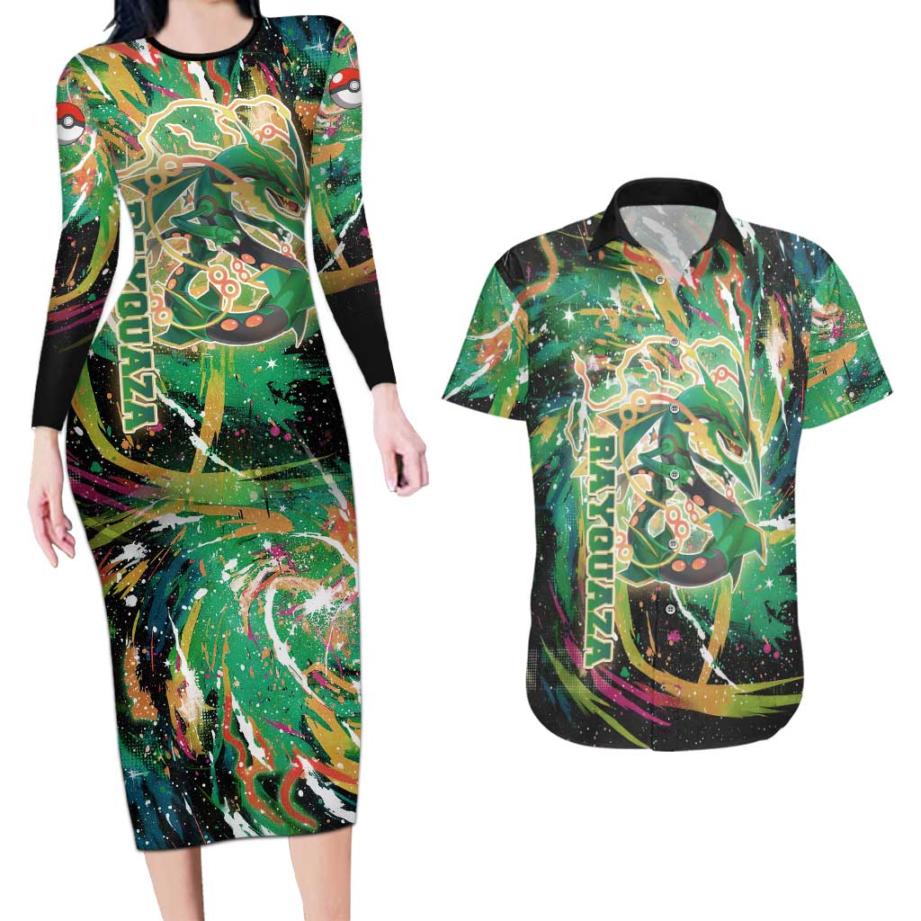 Rayquaza Poké Green Abstract Galaxy Design Couples Matching Long Sleeve Bodycon Dress and Hawaiian Shirt Dynamic Swirl Background - The Mazicc