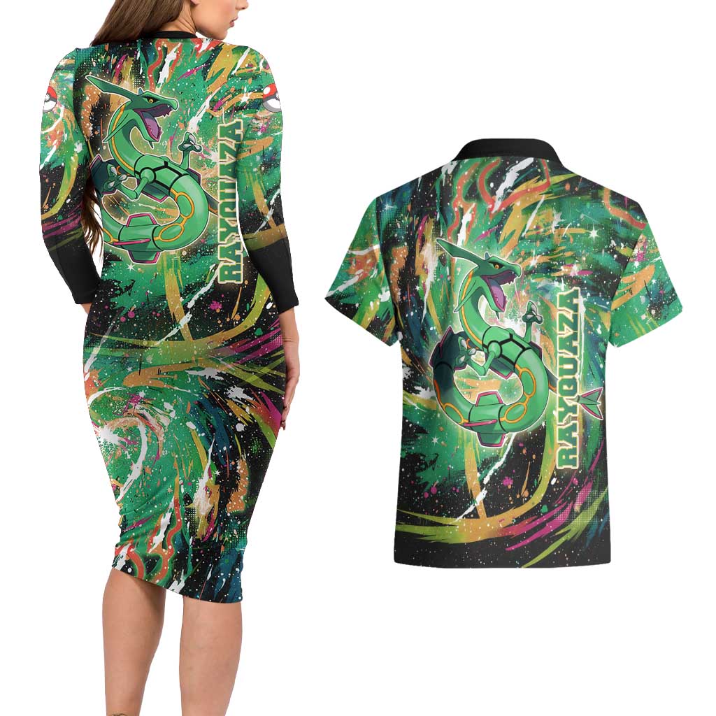 Rayquaza Poké Green Abstract Galaxy Design Couples Matching Long Sleeve Bodycon Dress and Hawaiian Shirt Dynamic Swirl Background - The Mazicc