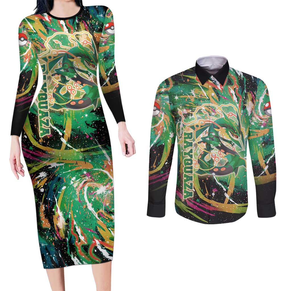 Rayquaza Poké Green Abstract Galaxy Design Couples Matching Long Sleeve Bodycon Dress and Long Sleeve Button Shirt Dynamic Swirl Background - The Mazicc