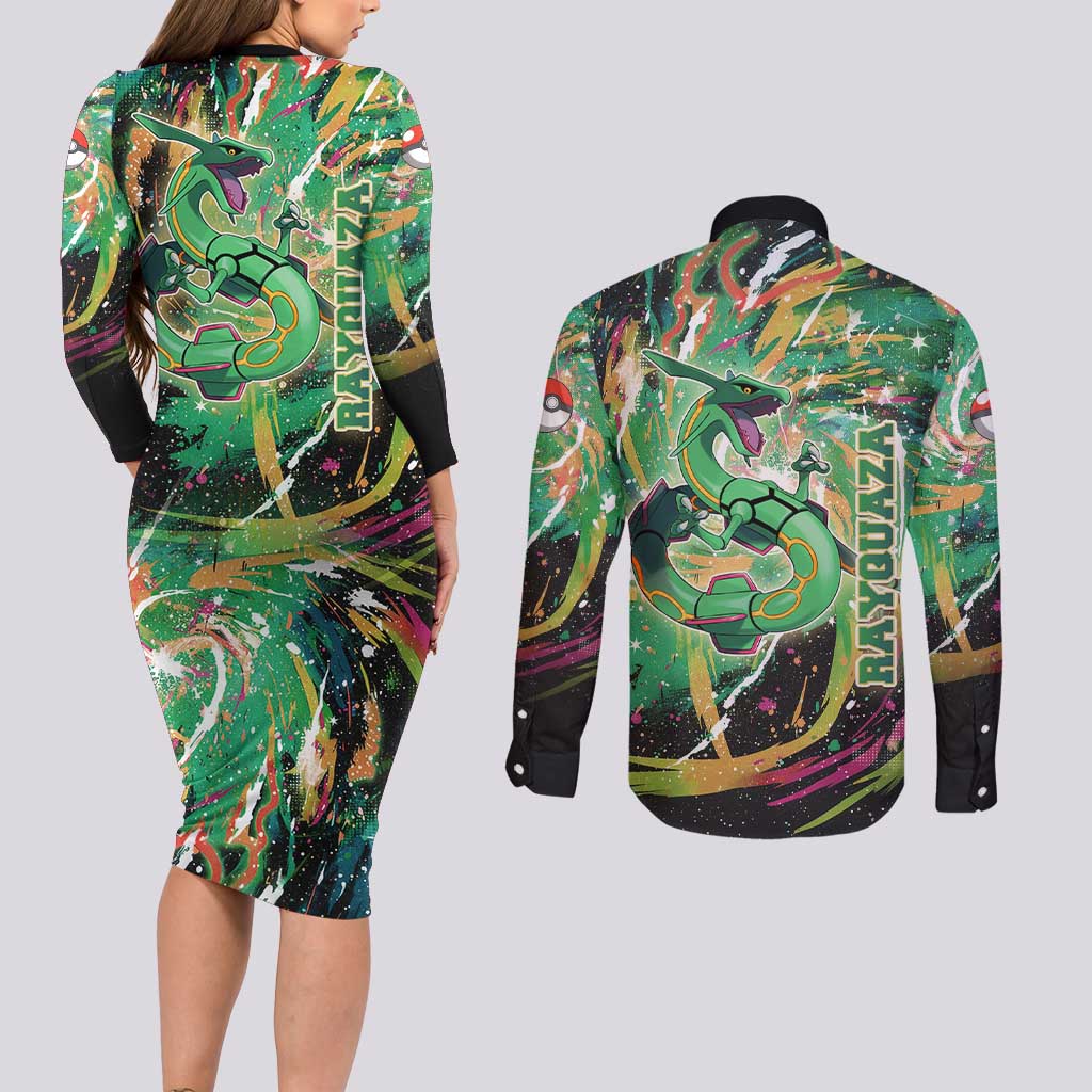 Rayquaza Poké Green Abstract Galaxy Design Couples Matching Long Sleeve Bodycon Dress and Long Sleeve Button Shirt Dynamic Swirl Background - The Mazicc