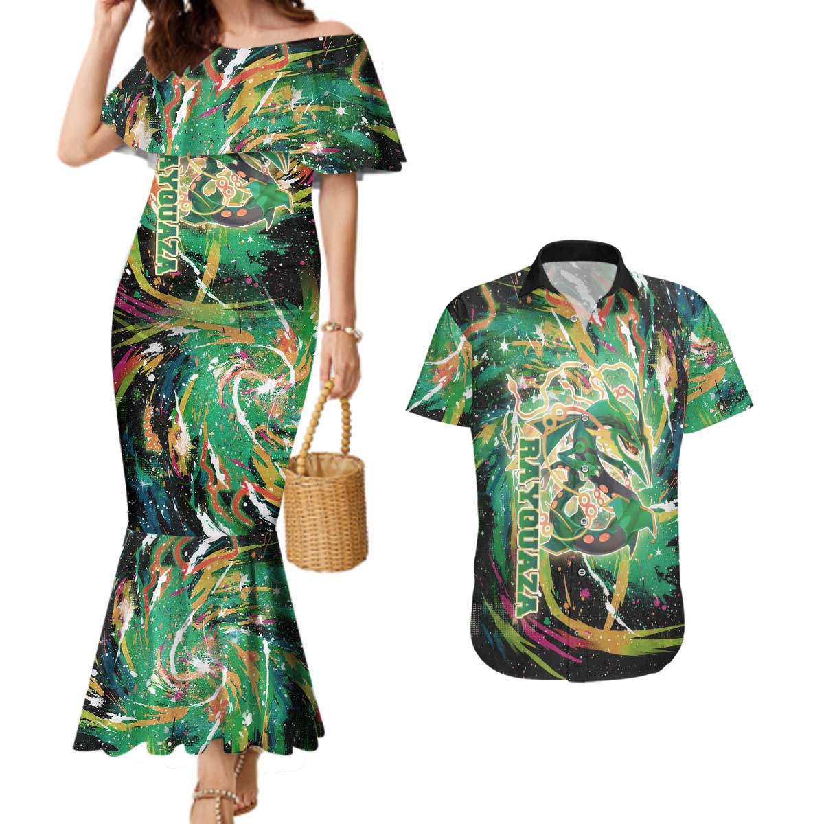 Rayquaza Poké Green Abstract Galaxy Design Couples Matching Mermaid Dress and Hawaiian Shirt Dynamic Swirl Background - The Mazicc