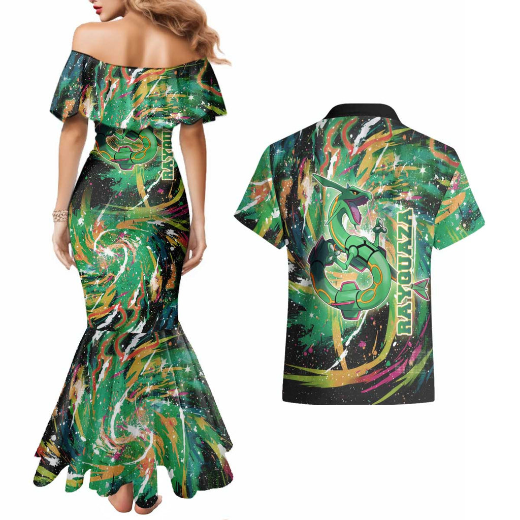 Rayquaza Poké Green Abstract Galaxy Design Couples Matching Mermaid Dress and Hawaiian Shirt Dynamic Swirl Background - The Mazicc