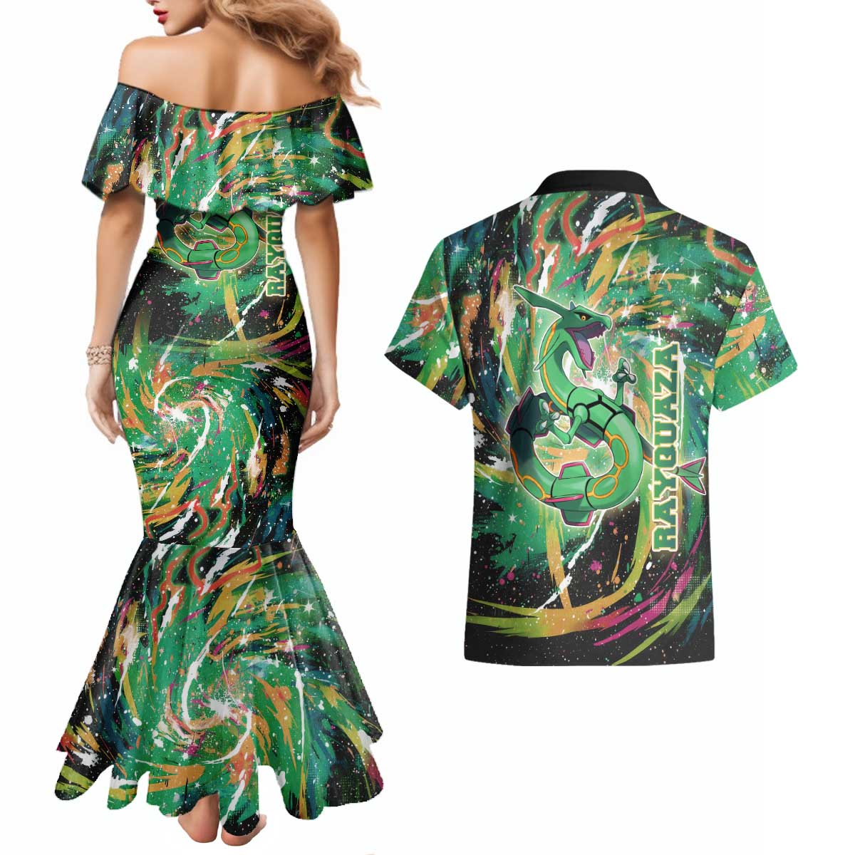 Rayquaza Poké Green Abstract Galaxy Design Couples Matching Mermaid Dress and Hawaiian Shirt Dynamic Swirl Background - The Mazicc