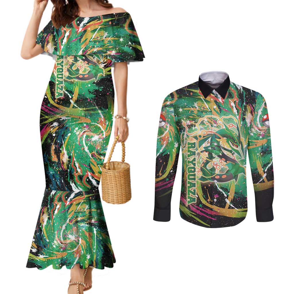 Rayquaza Poké Green Abstract Galaxy Design Couples Matching Mermaid Dress and Long Sleeve Button Shirt Dynamic Swirl Background - The Mazicc