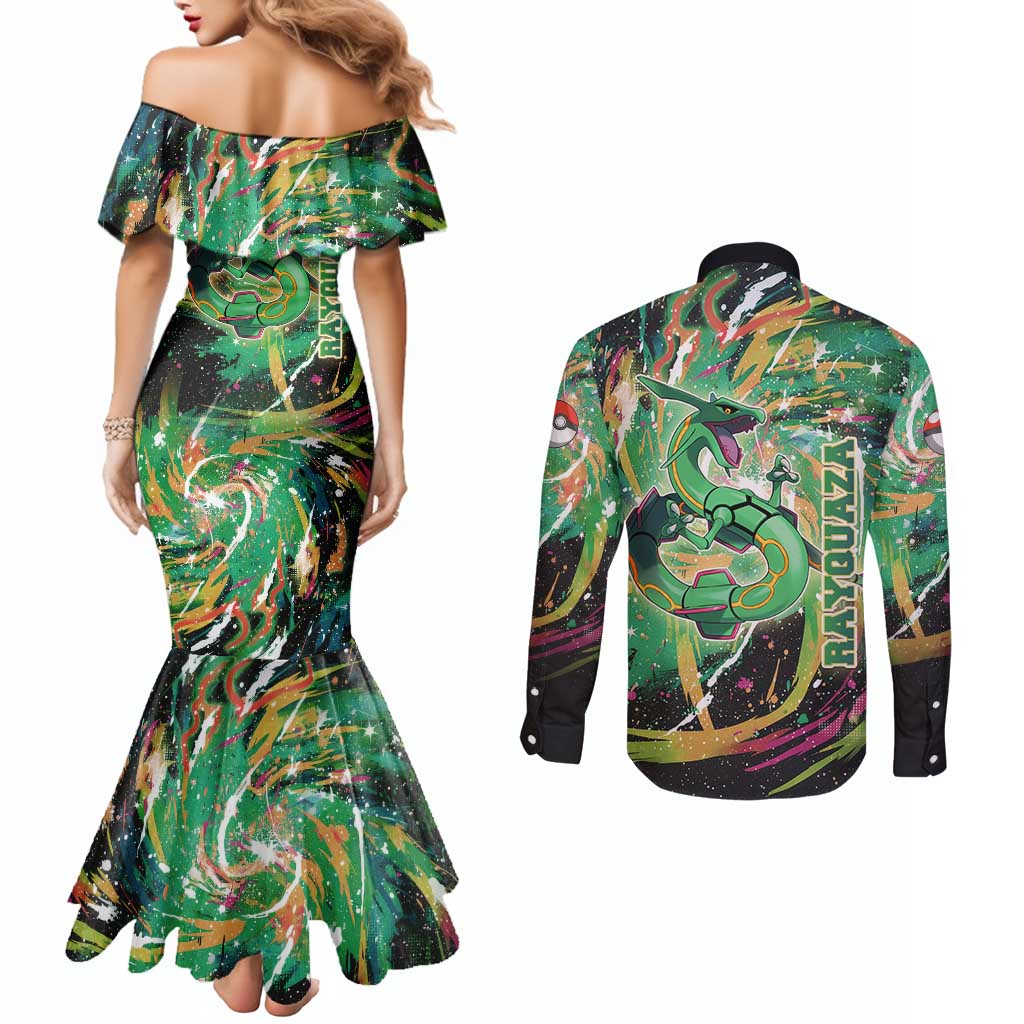 Rayquaza Poké Green Abstract Galaxy Design Couples Matching Mermaid Dress and Long Sleeve Button Shirt Dynamic Swirl Background - The Mazicc