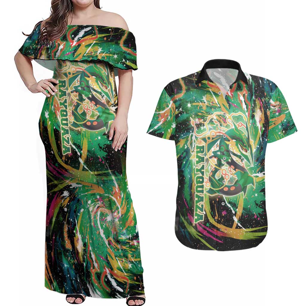 Rayquaza Poké Green Abstract Galaxy Design Couples Matching Off Shoulder Maxi Dress and Hawaiian Shirt Dynamic Swirl Background - The Mazicc