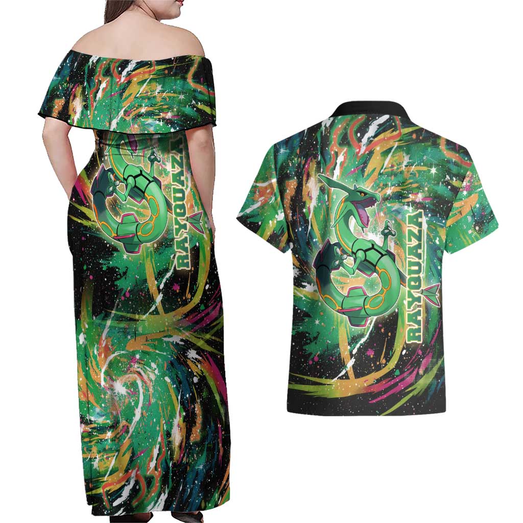Rayquaza Poké Green Abstract Galaxy Design Couples Matching Off Shoulder Maxi Dress and Hawaiian Shirt Dynamic Swirl Background - The Mazicc