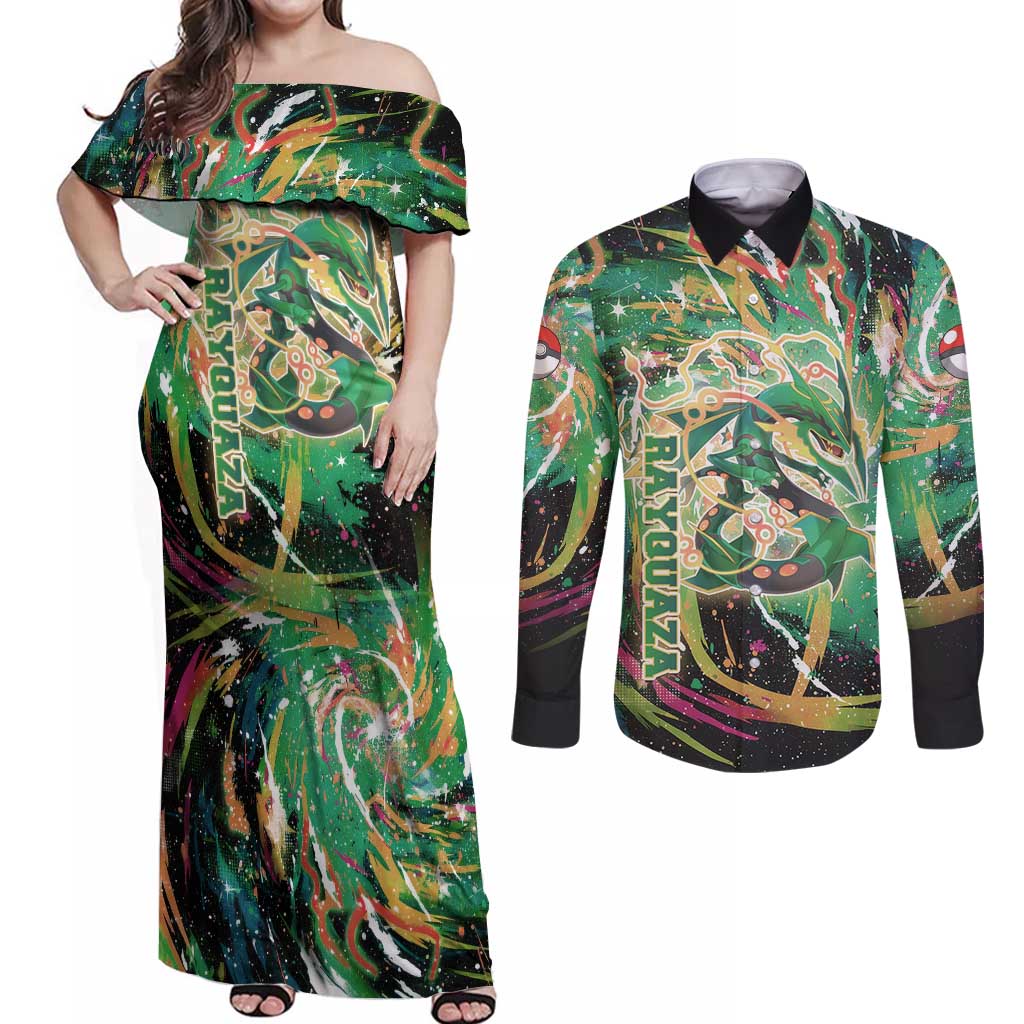 Rayquaza Poké Green Abstract Galaxy Design Couples Matching Off Shoulder Maxi Dress and Long Sleeve Button Shirt Dynamic Swirl Background - The Mazicc