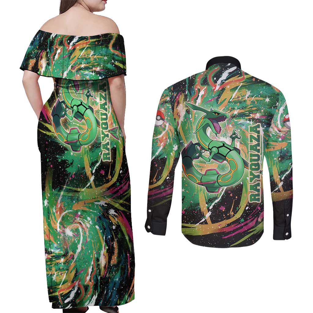 Rayquaza Poké Green Abstract Galaxy Design Couples Matching Off Shoulder Maxi Dress and Long Sleeve Button Shirt Dynamic Swirl Background - The Mazicc