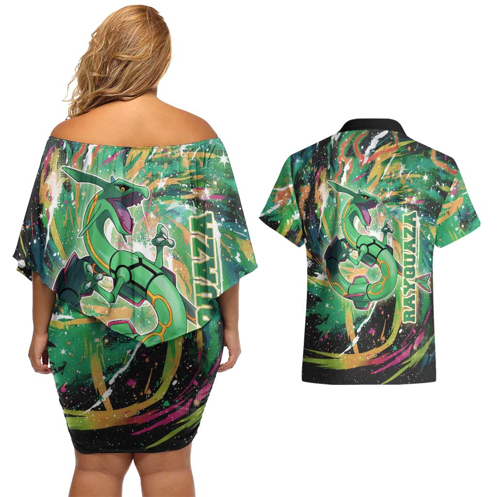 Rayquaza Poké Green Abstract Galaxy Design Couples Matching Off Shoulder Short Dress and Hawaiian Shirt Dynamic Swirl Background - The Mazicc