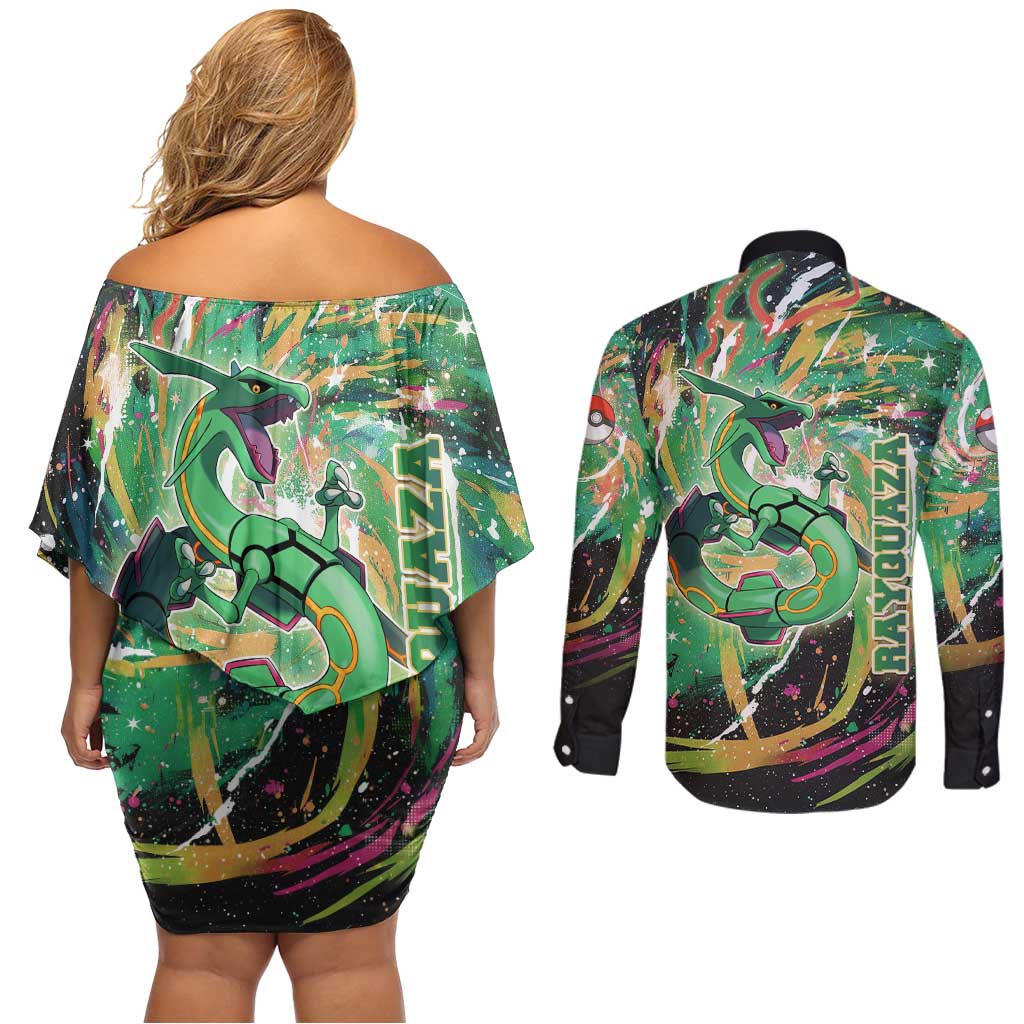 Rayquaza Poké Green Abstract Galaxy Design Couples Matching Off Shoulder Short Dress and Long Sleeve Button Shirt Dynamic Swirl Background - The Mazicc