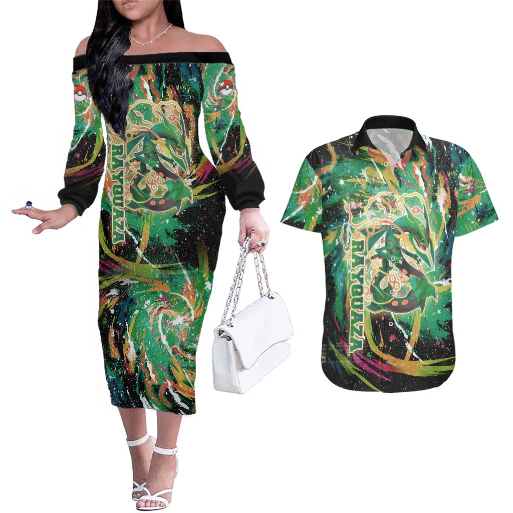 Rayquaza Poké Green Abstract Galaxy Design Couples Matching Off The Shoulder Long Sleeve Dress and Hawaiian Shirt Dynamic Swirl Background - The Mazicc