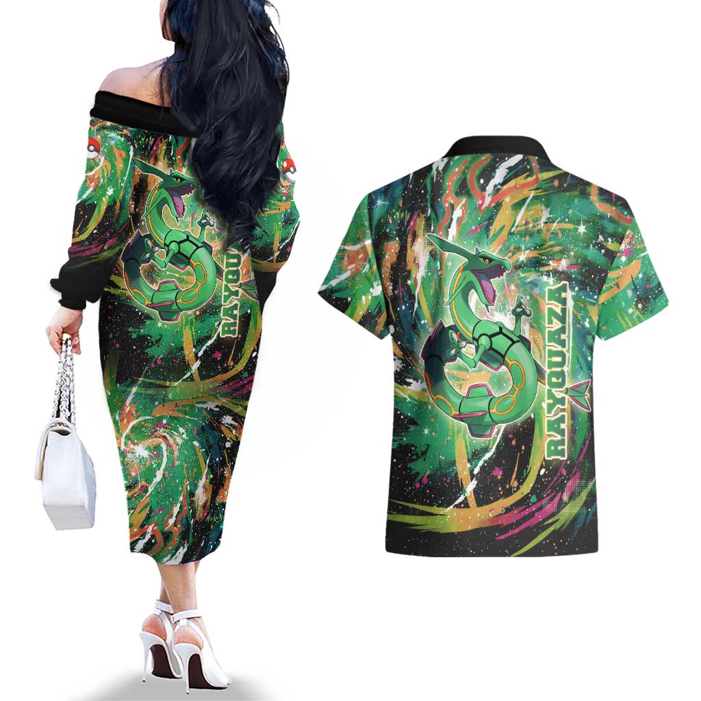 Rayquaza Poké Green Abstract Galaxy Design Couples Matching Off The Shoulder Long Sleeve Dress and Hawaiian Shirt Dynamic Swirl Background - The Mazicc