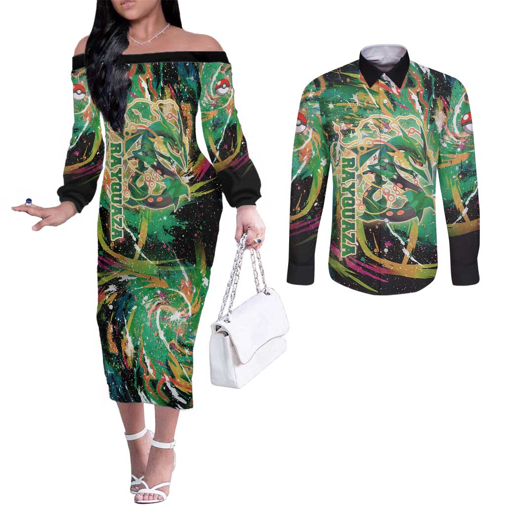 Rayquaza Poké Green Abstract Galaxy Design Couples Matching Off The Shoulder Long Sleeve Dress and Long Sleeve Button Shirt Dynamic Swirl Background - The Mazicc