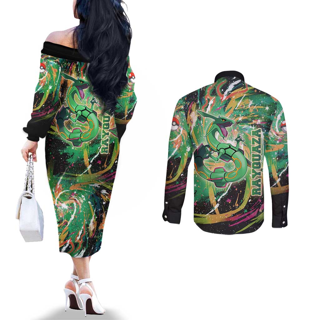 Rayquaza Poké Green Abstract Galaxy Design Couples Matching Off The Shoulder Long Sleeve Dress and Long Sleeve Button Shirt Dynamic Swirl Background - The Mazicc