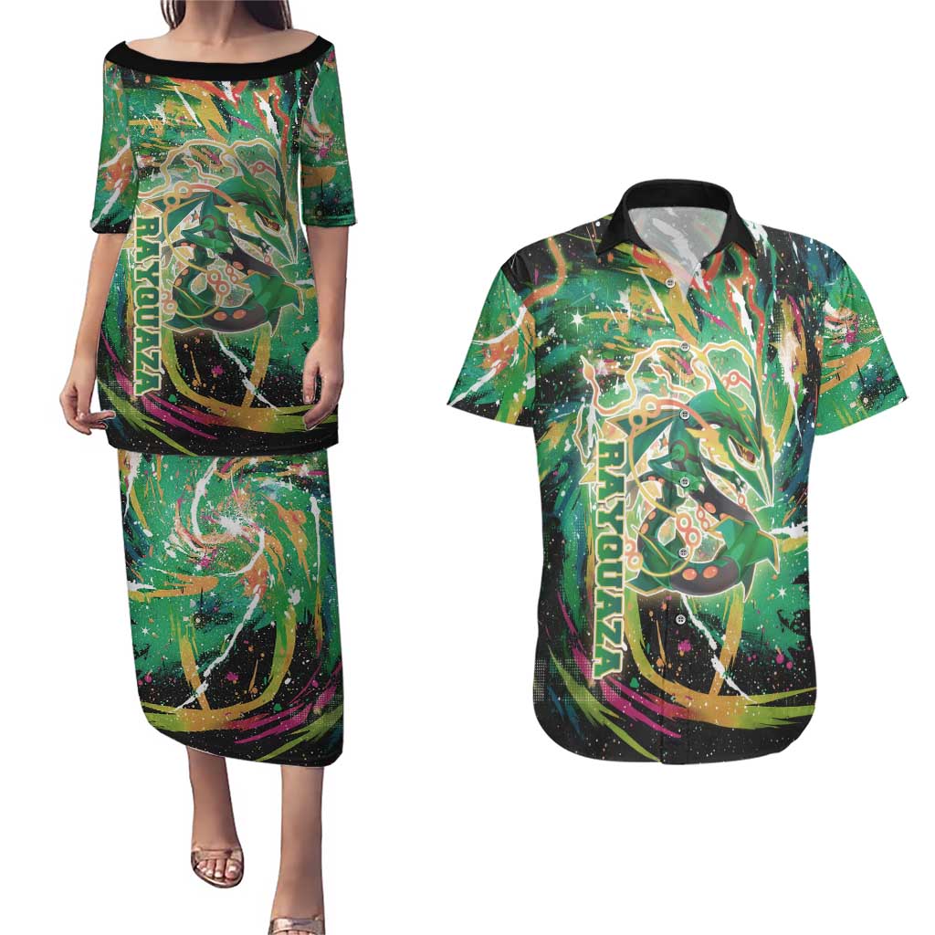 Rayquaza Poké Green Abstract Galaxy Design Couples Matching Puletasi and Hawaiian Shirt Dynamic Swirl Background - The Mazicc