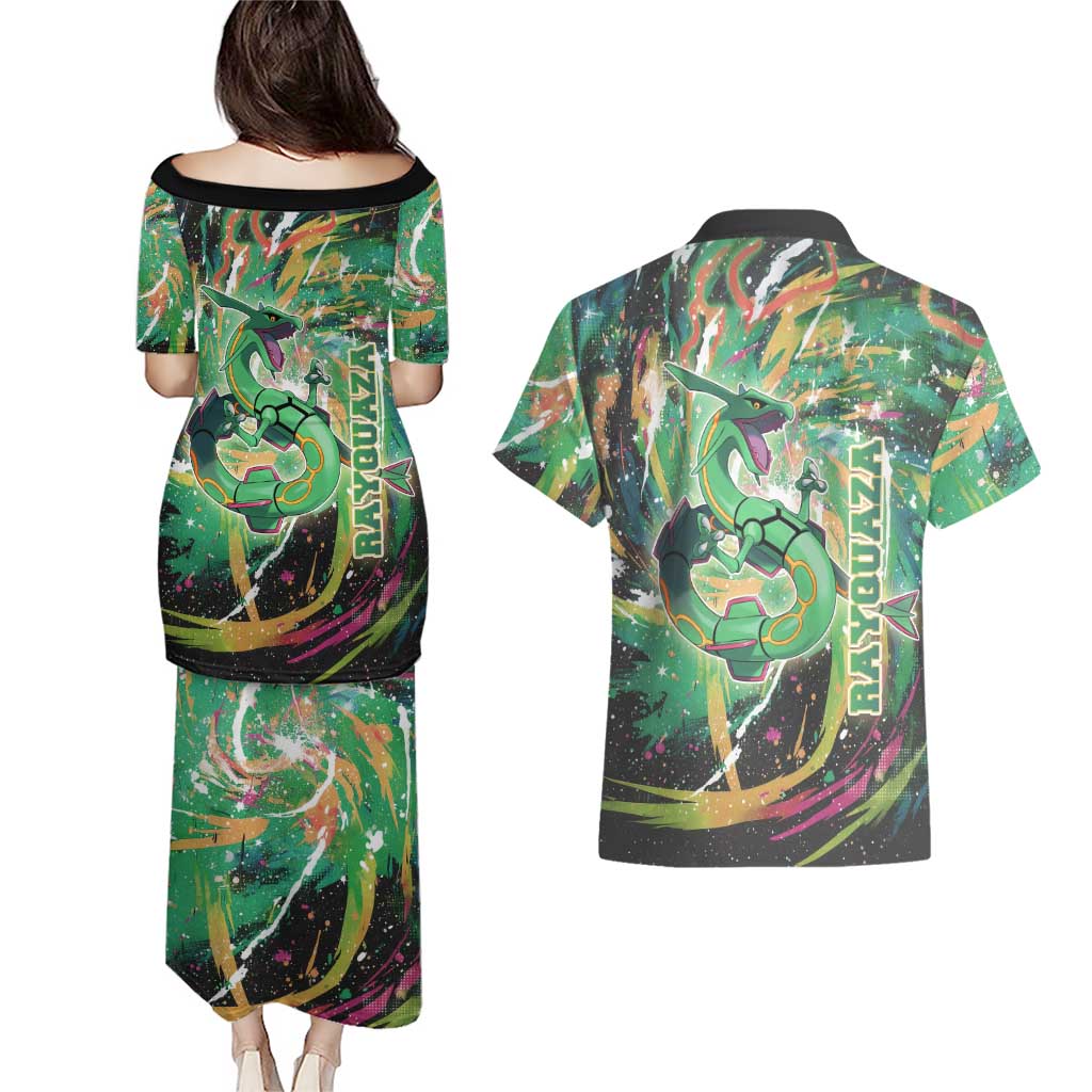 Rayquaza Poké Green Abstract Galaxy Design Couples Matching Puletasi and Hawaiian Shirt Dynamic Swirl Background - The Mazicc