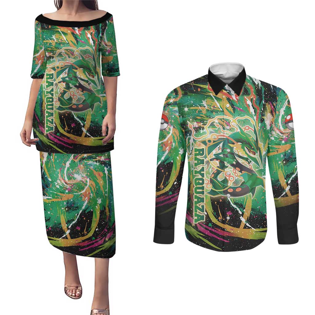 Rayquaza Poké Green Abstract Galaxy Design Couples Matching Puletasi and Long Sleeve Button Shirt Dynamic Swirl Background - The Mazicc