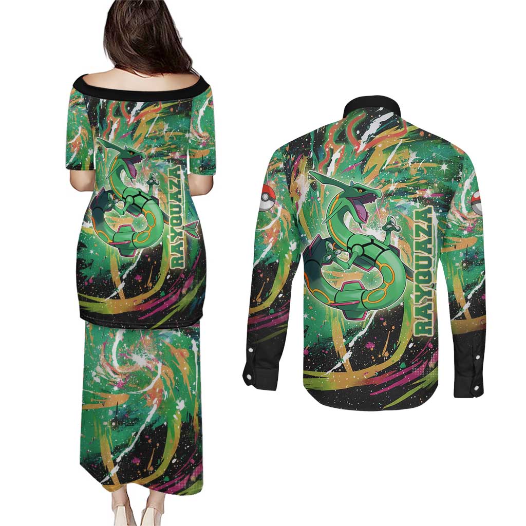 Rayquaza Poké Green Abstract Galaxy Design Couples Matching Puletasi and Long Sleeve Button Shirt Dynamic Swirl Background - The Mazicc