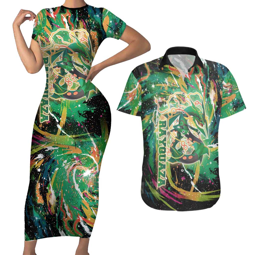 Rayquaza Poké Green Abstract Galaxy Design Couples Matching Short Sleeve Bodycon Dress and Hawaiian Shirt Dynamic Swirl Background - The Mazicc