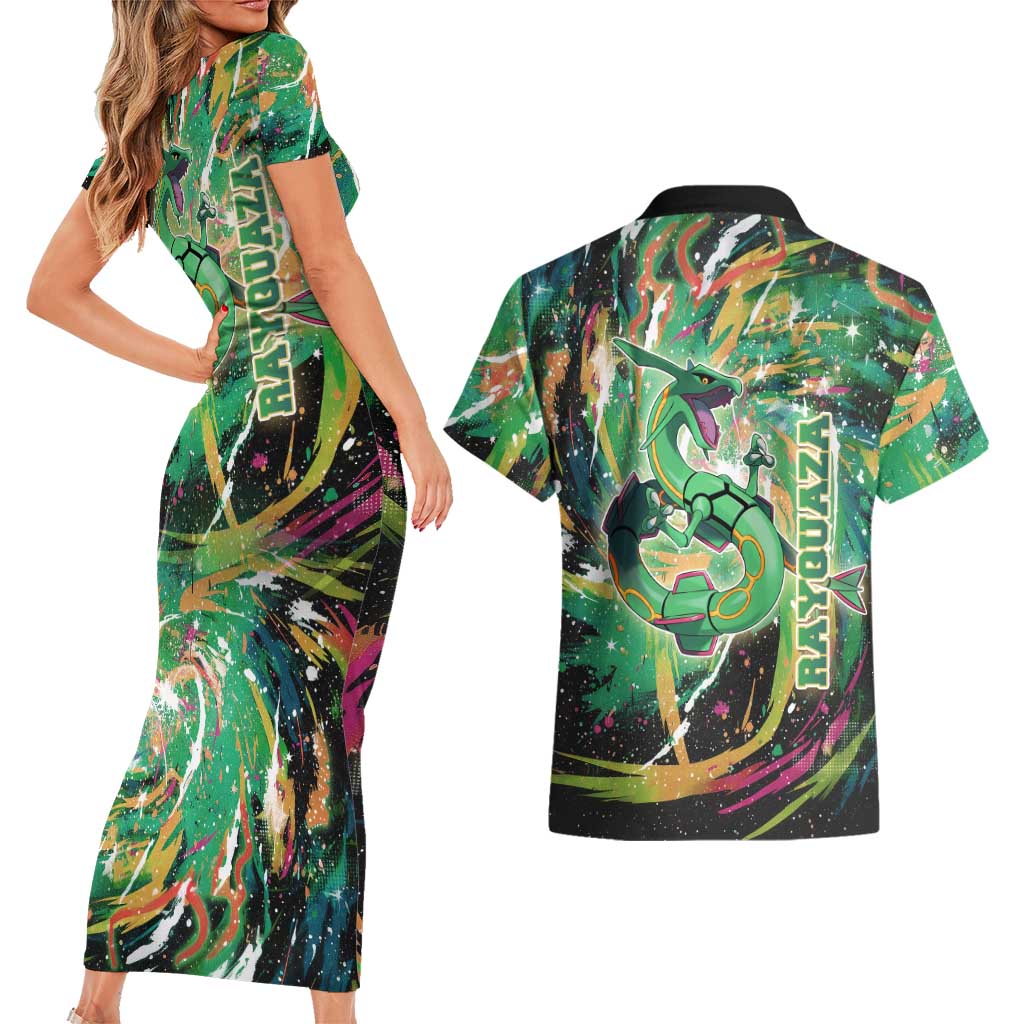 Rayquaza Poké Green Abstract Galaxy Design Couples Matching Short Sleeve Bodycon Dress and Hawaiian Shirt Dynamic Swirl Background - The Mazicc