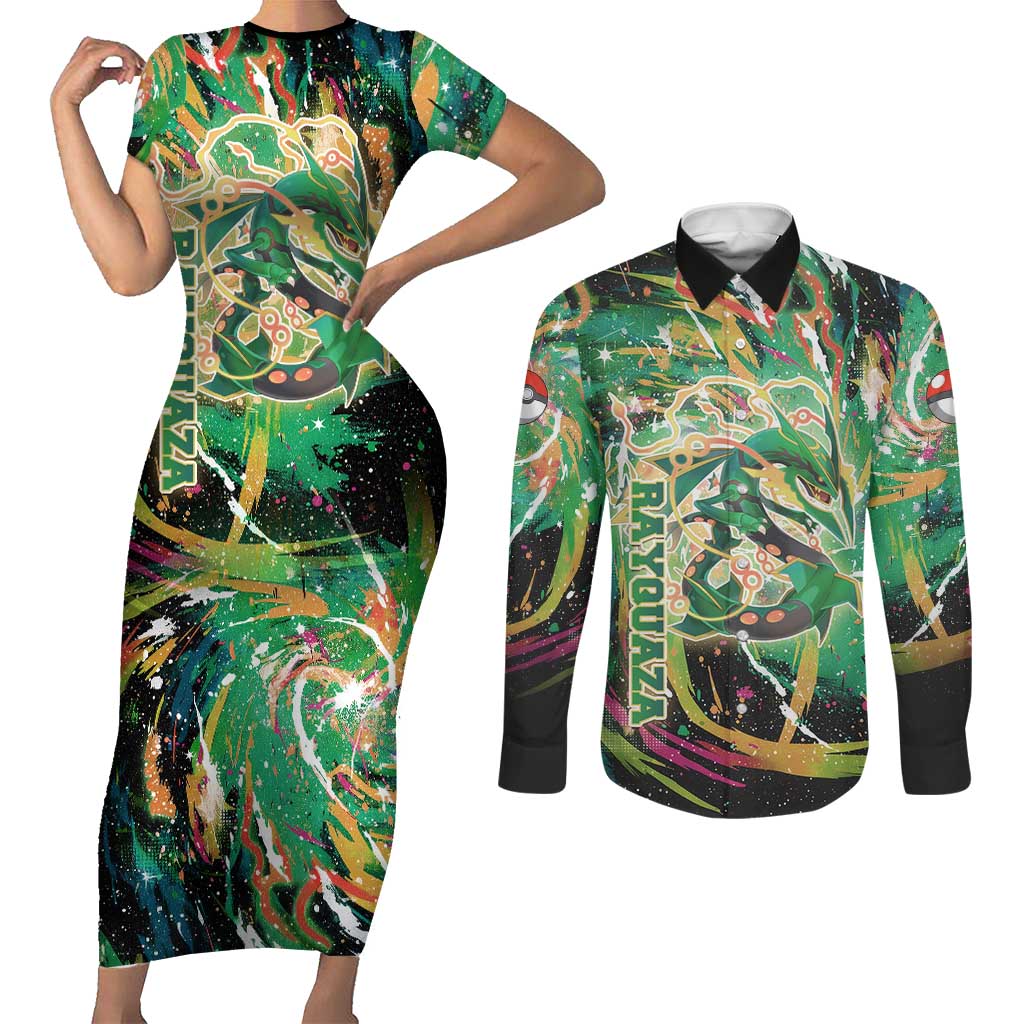 Rayquaza Poké Green Abstract Galaxy Design Couples Matching Short Sleeve Bodycon Dress and Long Sleeve Button Shirt Dynamic Swirl Background - The Mazicc