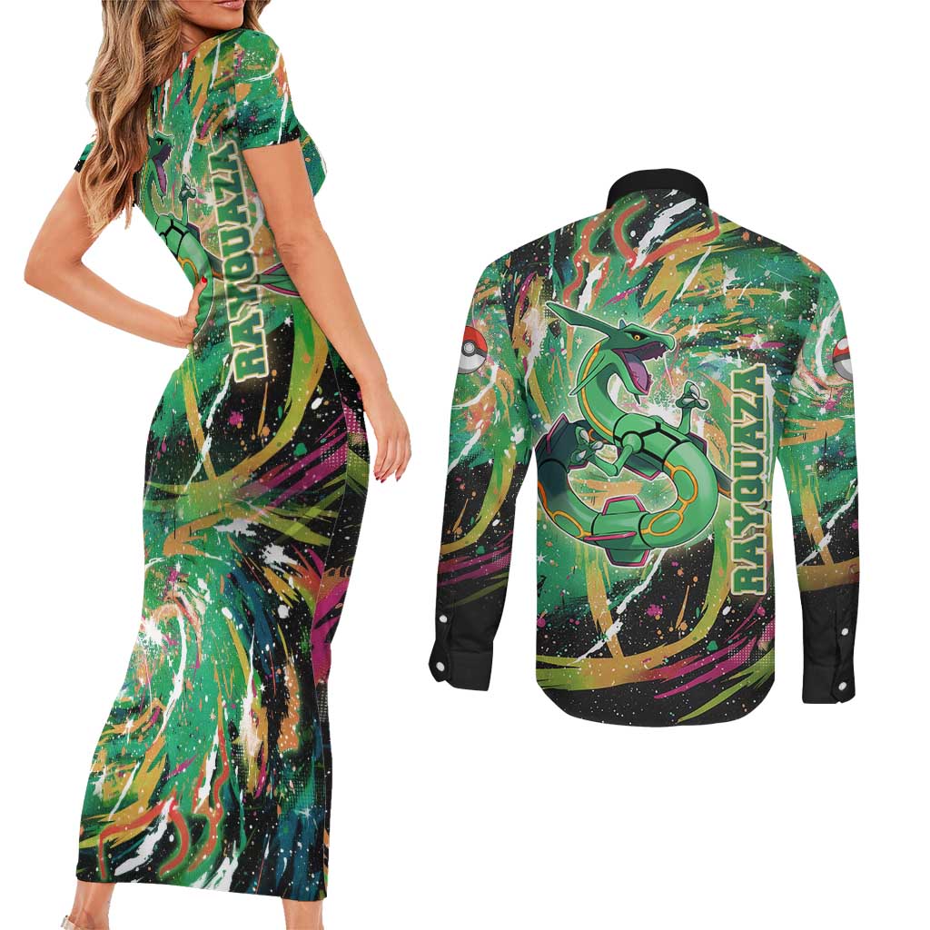Rayquaza Poké Green Abstract Galaxy Design Couples Matching Short Sleeve Bodycon Dress and Long Sleeve Button Shirt Dynamic Swirl Background - The Mazicc
